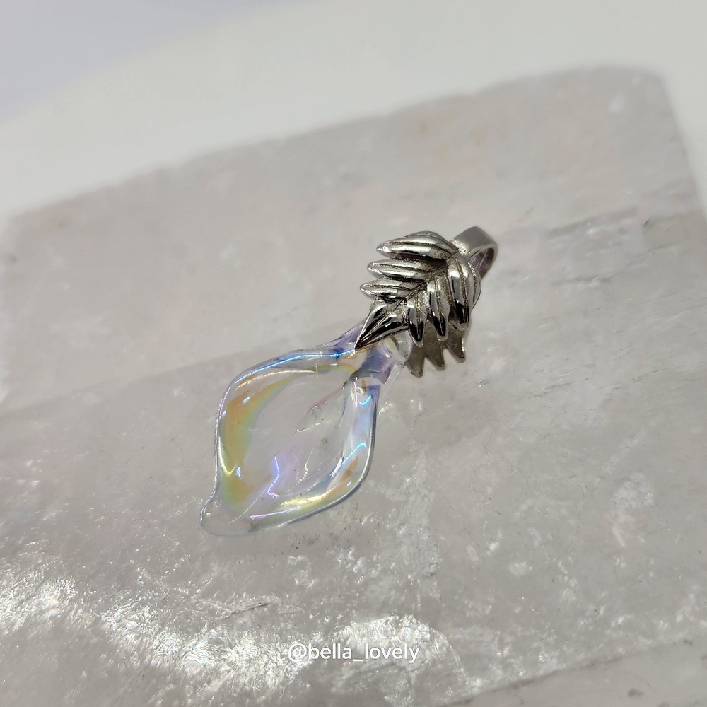 Dainty Carved Iridescent Ombre Titanium Crystal Morning Glory Calla Lily Pendant